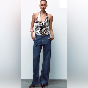 Zara Striped back halter neck belt popline top.